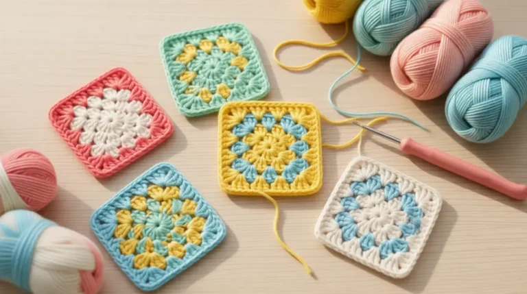 Classic granny square pattern tutorial with colorful crochet squares and yarn balls
