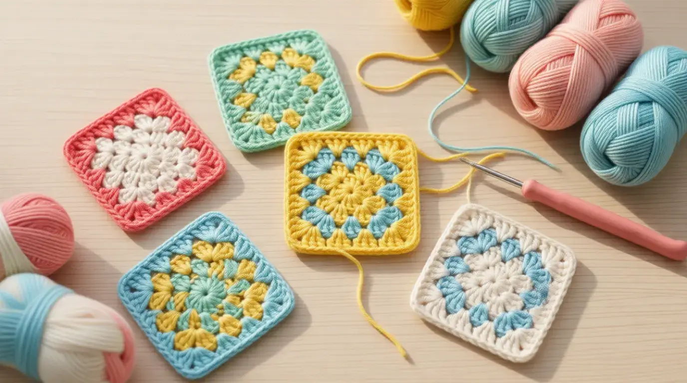 Classic granny square pattern tutorial with colorful crochet squares and yarn balls