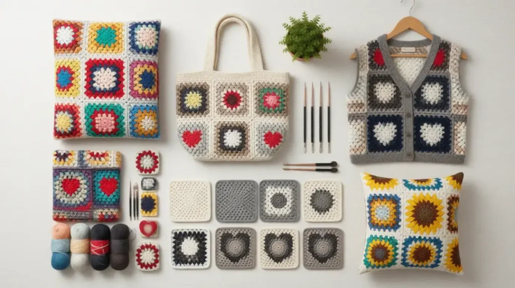 Collection of finished granny square projects including blankets bags and garments in various patterns
