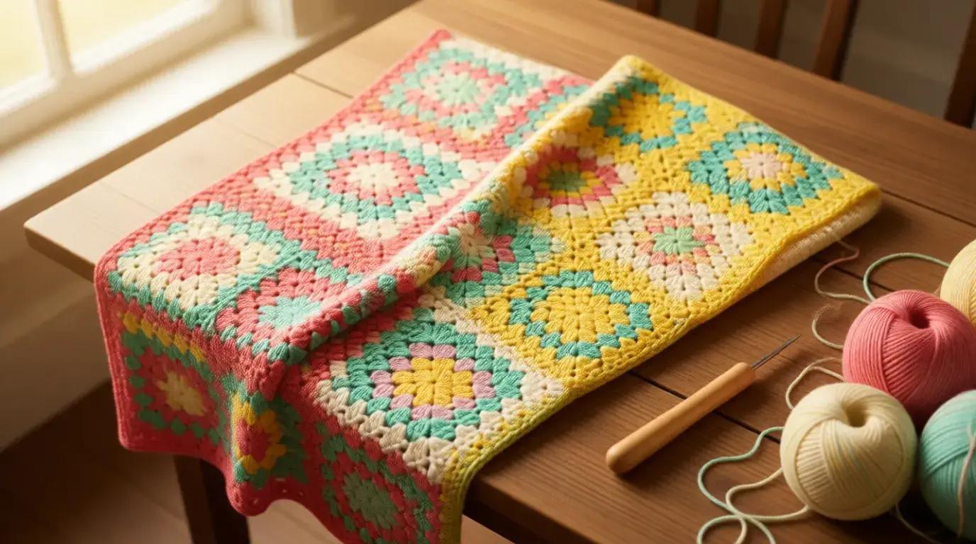 Colorful basic granny square pattern crochet blanket with hook and yarn on wooden table