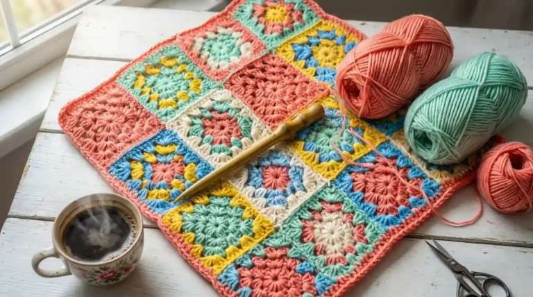 Colorful crochet granny square pattern blanket with yarn and hook on wooden table