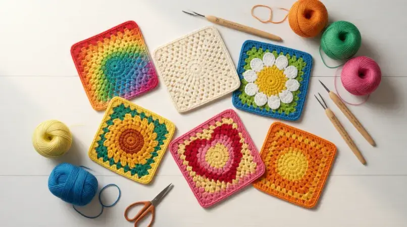 Colorful granny square patterns in various designs including flower and solid variations