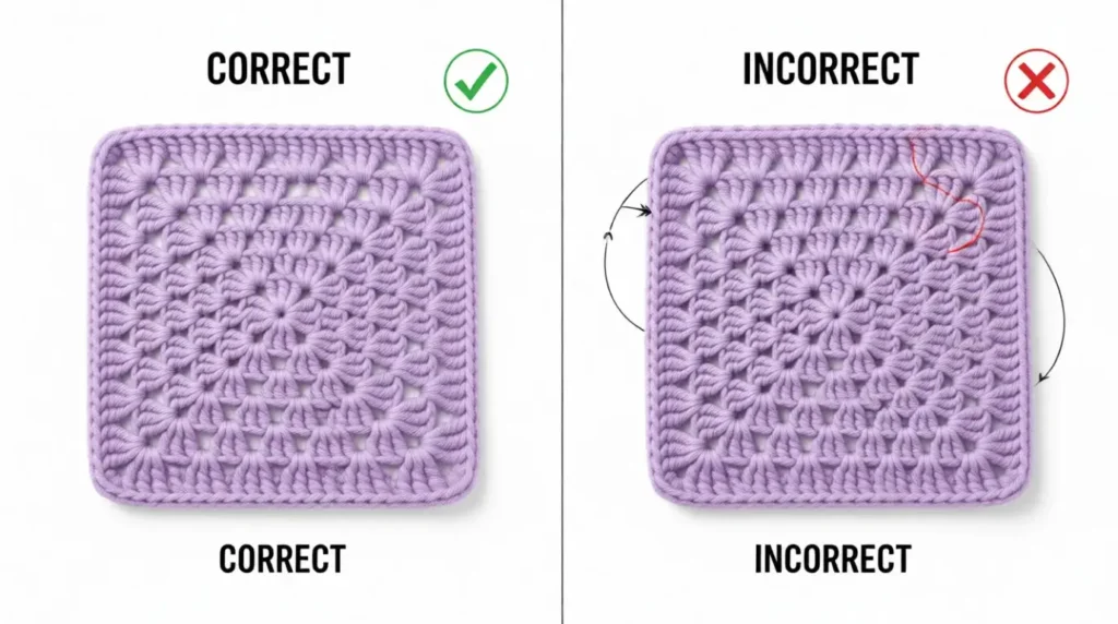 Comparison of correct vs incorrect granny square tension showing common crochet mistakes