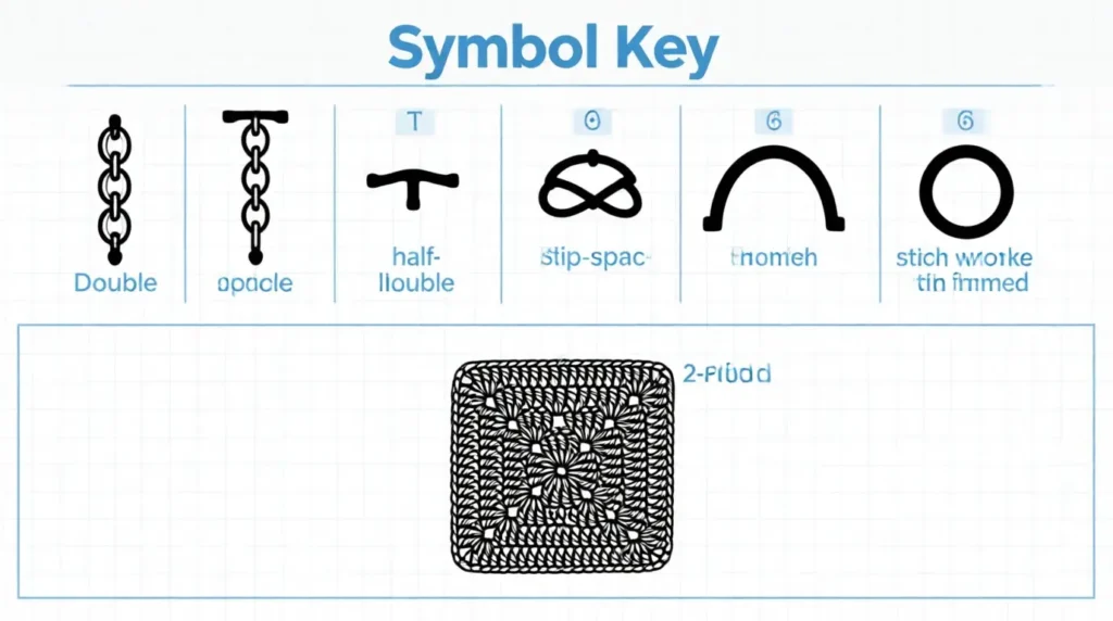 Crochet diagram symbols for solid granny square pattern with symbol key