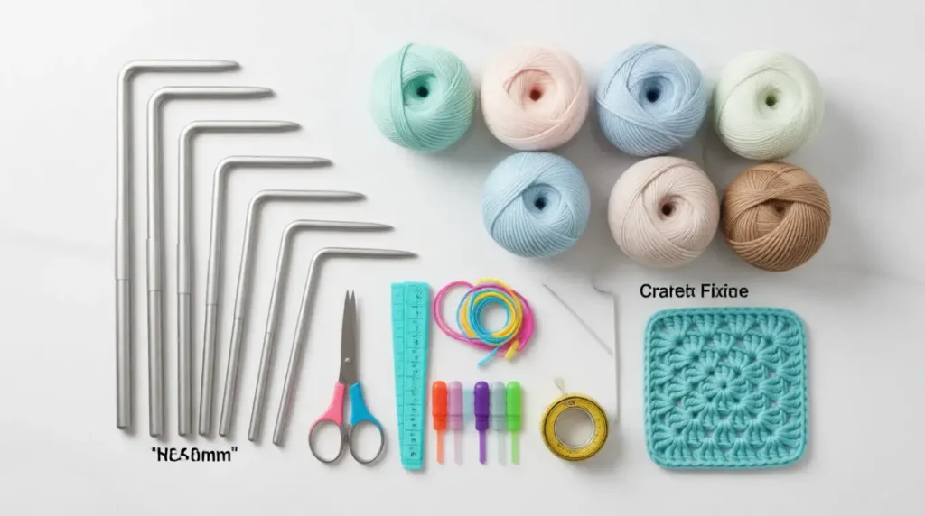 Crochet tools and materials needed for classic granny square pattern projects