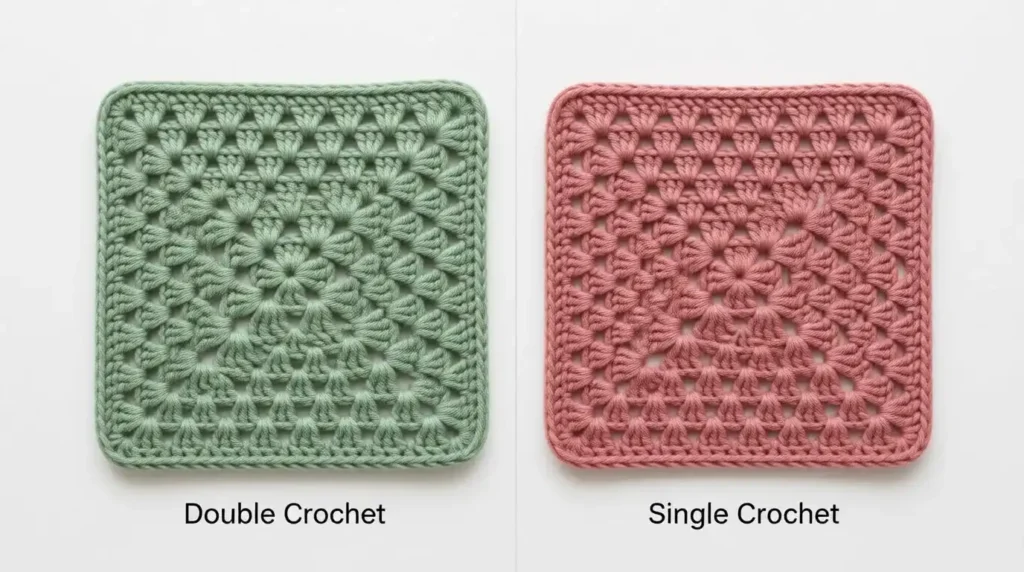Double crochet vs single crochet granny square pattern comparison showing texture differences