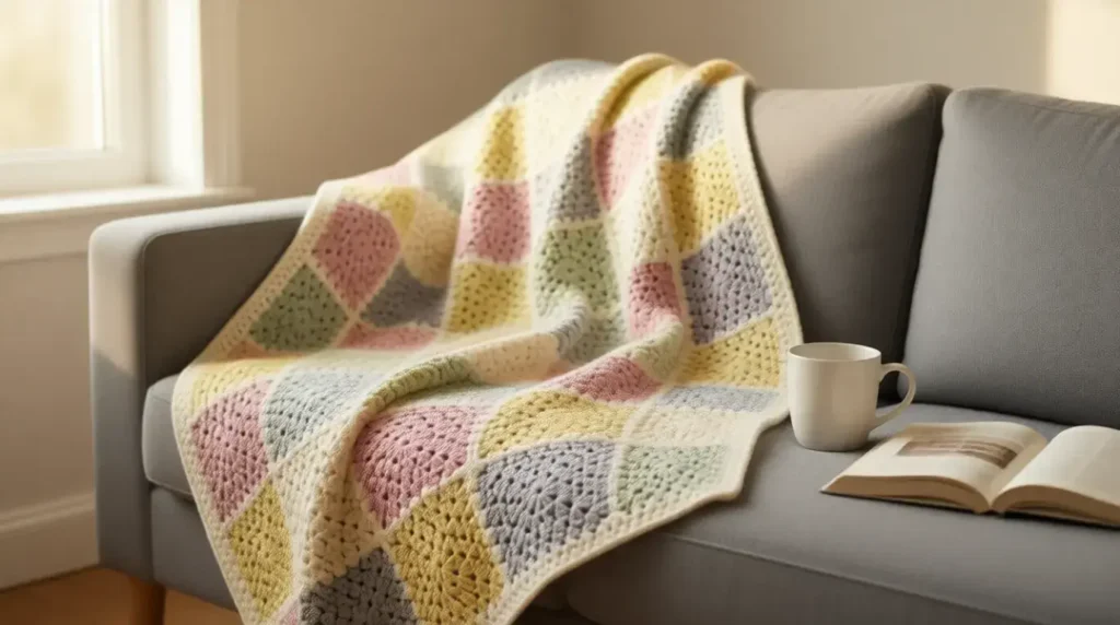 Finished granny square blanket project on couch showing basic crochet pattern application