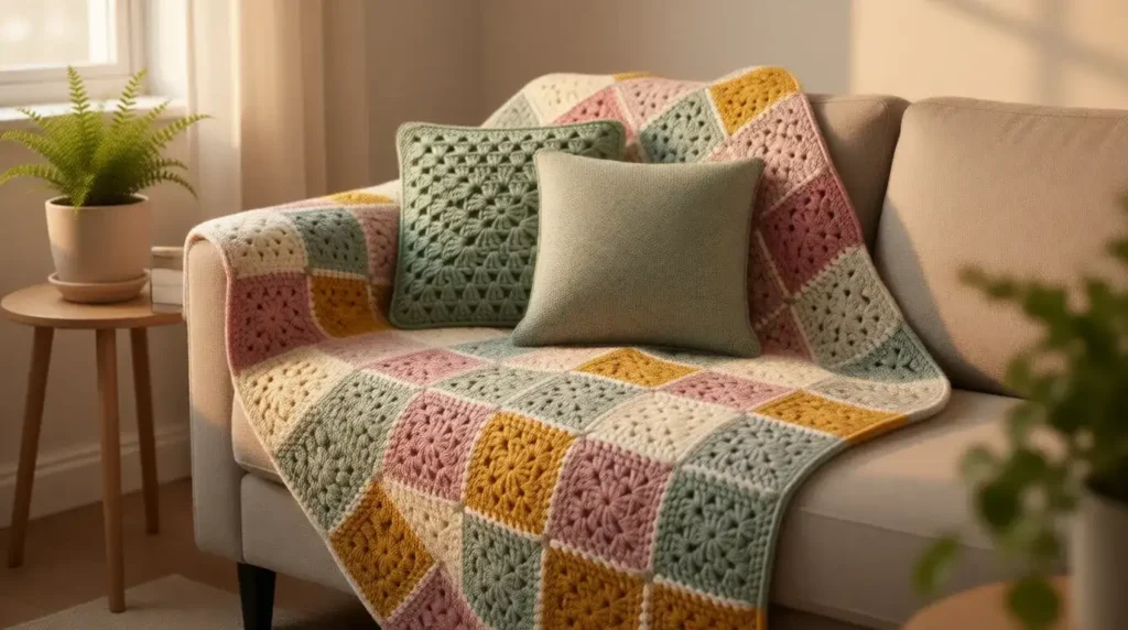 Finished granny square blanket project showing joined squares in colorful pattern