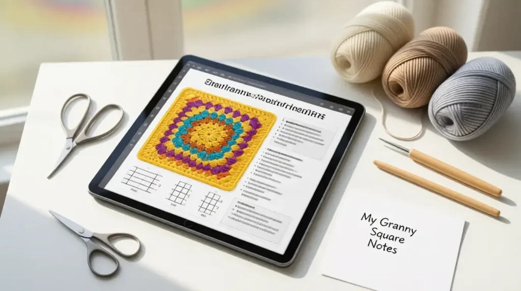 Free large granny square pattern PDF displayed on tablet with yarn and hook nearby