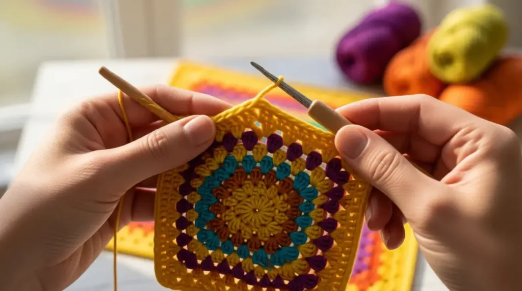 Hands crocheting first rounds of large granny square pattern showing foundation technique