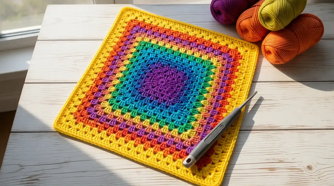 Large granny square pattern in colorful yarn with crochet hook on wooden surface