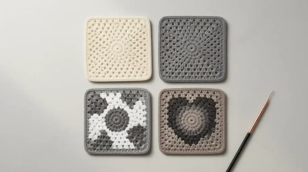 Modern granny square patterns in minimalist monochrome design with textured stitches