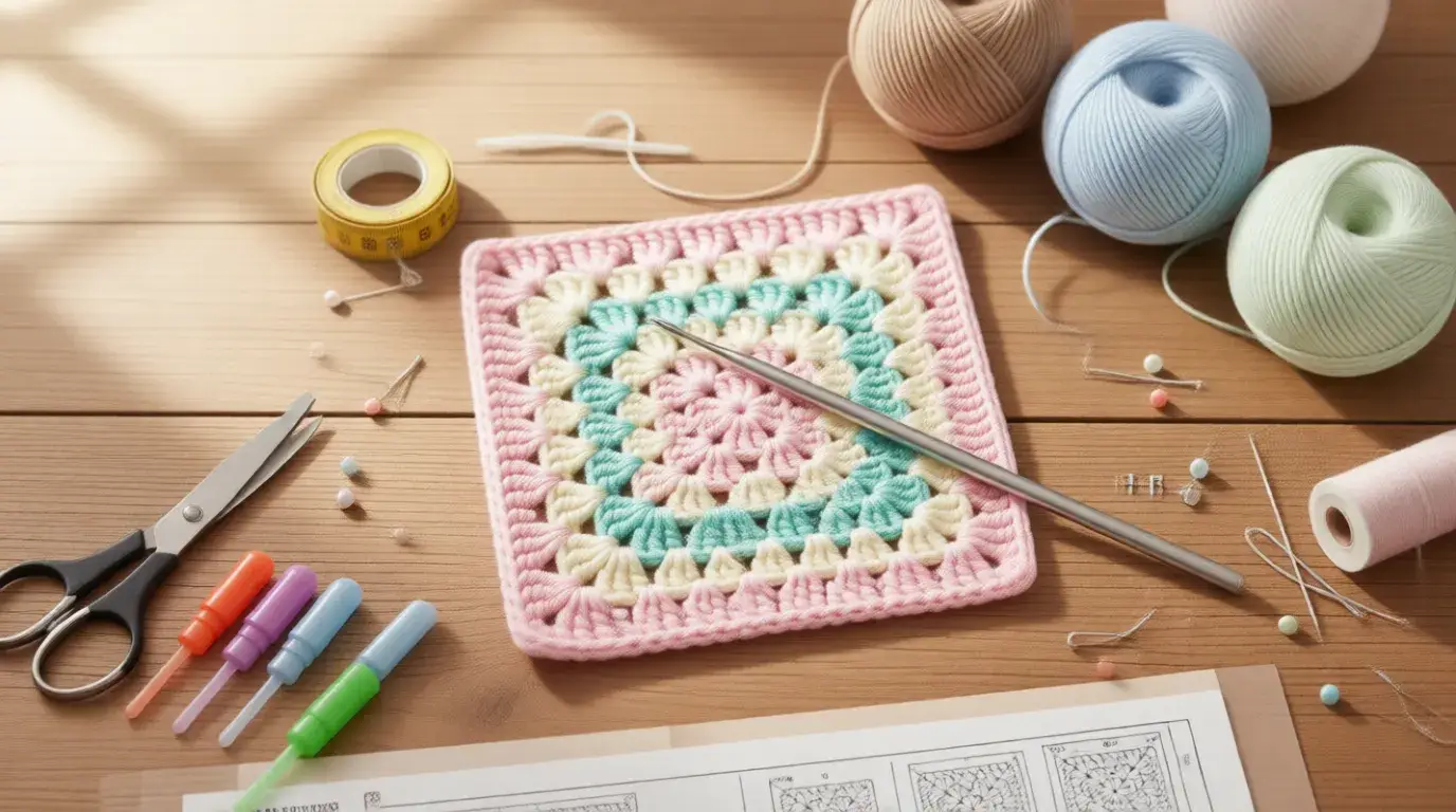 Simple granny square pattern crochet tutorial with colorful yarn and hook on wooden table