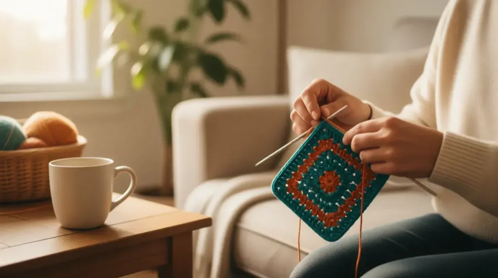 Woman crocheting granny square pattern while relaxing with coffee in cozy home setting