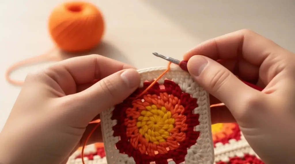 Close-up of hands crocheting sunburst granny square pattern showing proper hook technique