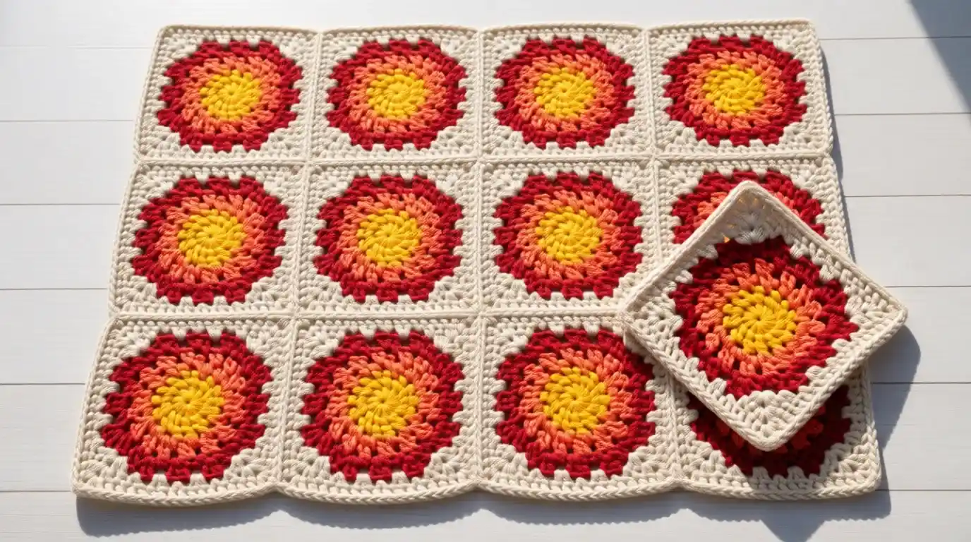 Colorful sunburst granny square pattern crochet blanket with radiating warm colors