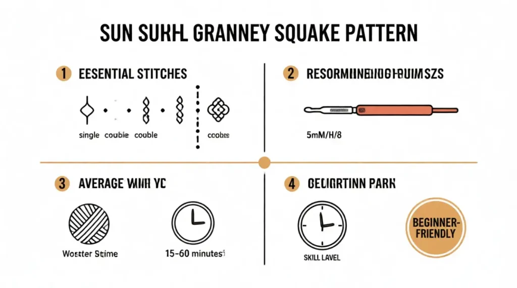 Quick reference guide for sunburst granny square pattern with stitches hook sizes and tips